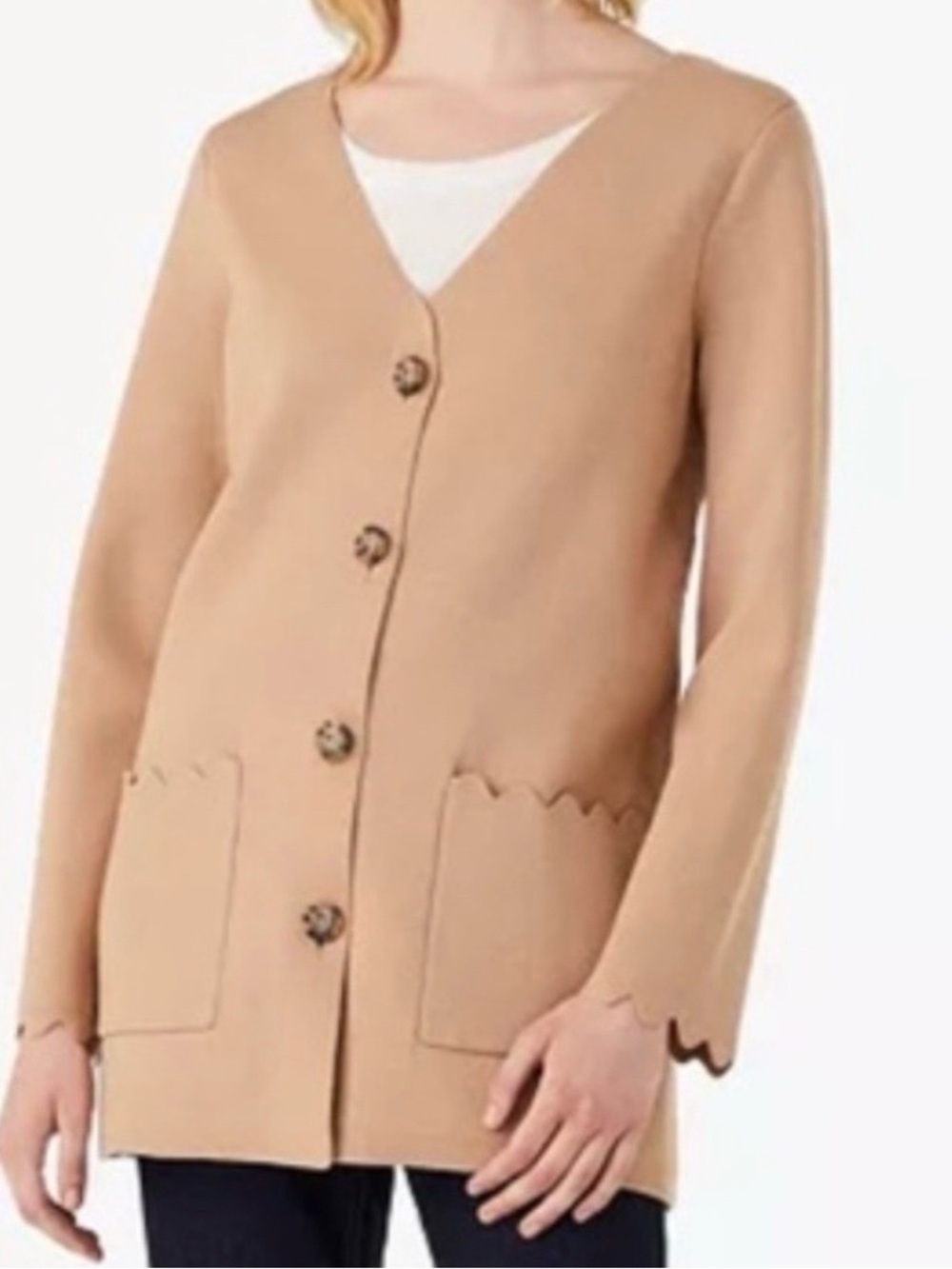 kate spade camel scalloped-edge cardigan blazer